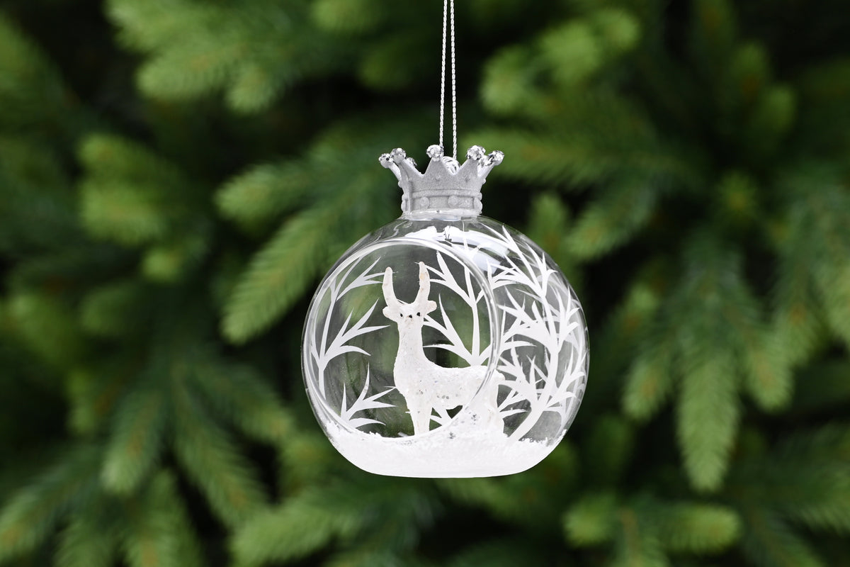 Clear Glass Open Bauble with Crown Deer Inside - 10cm