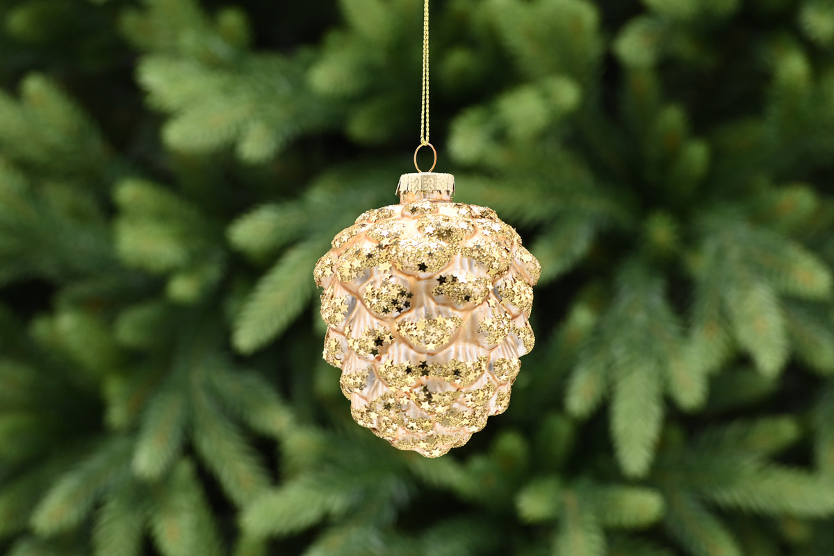 Matte Gold Glitter Pinecone Glass Bauble - 10cm