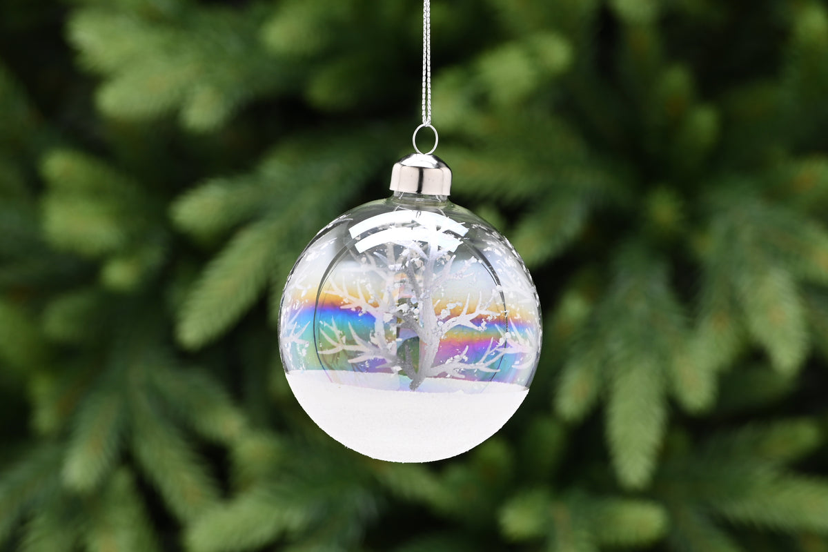 Clear Iridescent Glass Bauble with Silver Tree - 8cm