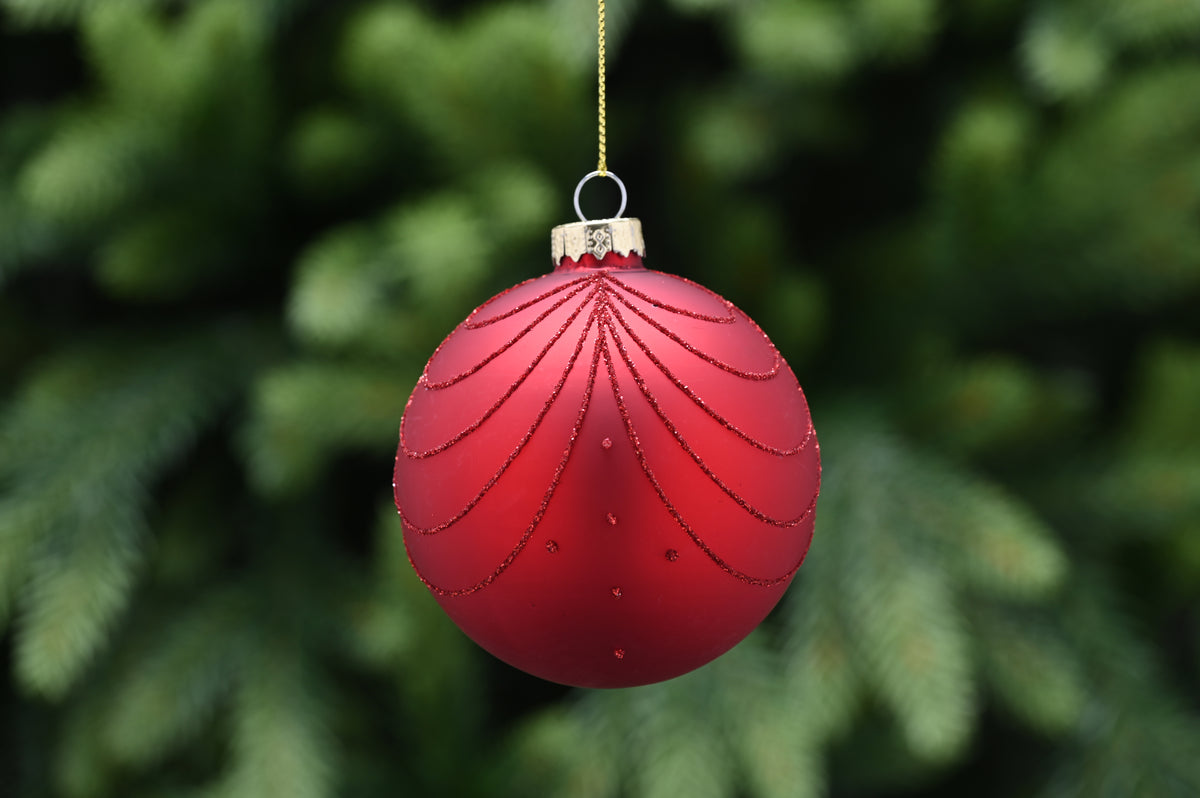 Matte Red Glitter Scallop Glass Bauble - 8cm