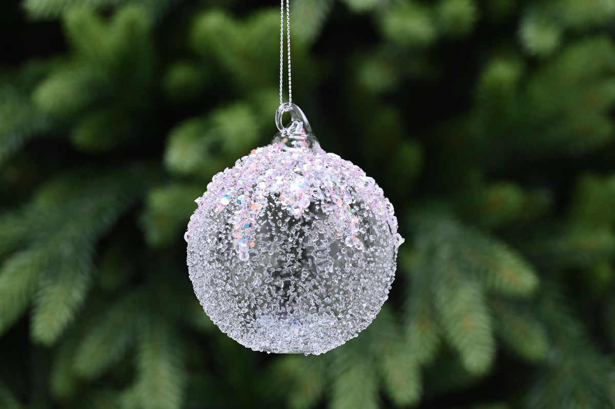 Clear Glass Bauble with Pink Encrusted Glitter - 8cm