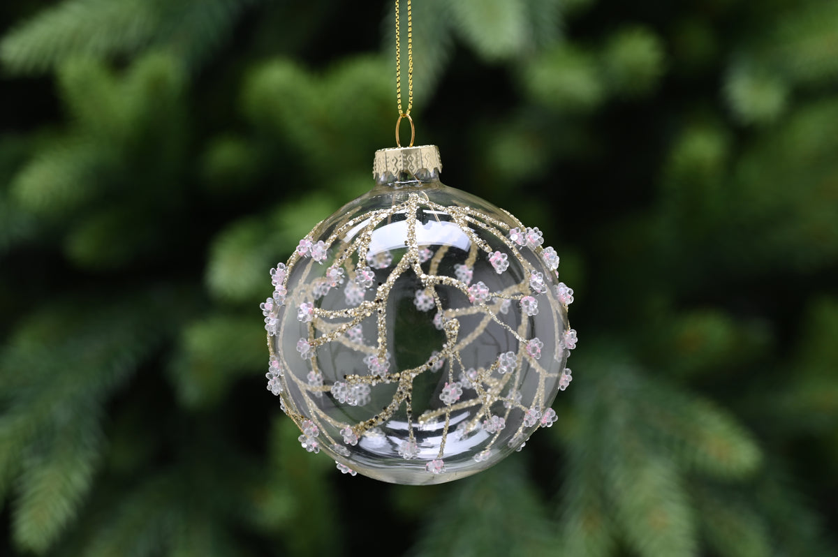 Clear Glass Glitter Floral Vine Bauble - 8cm