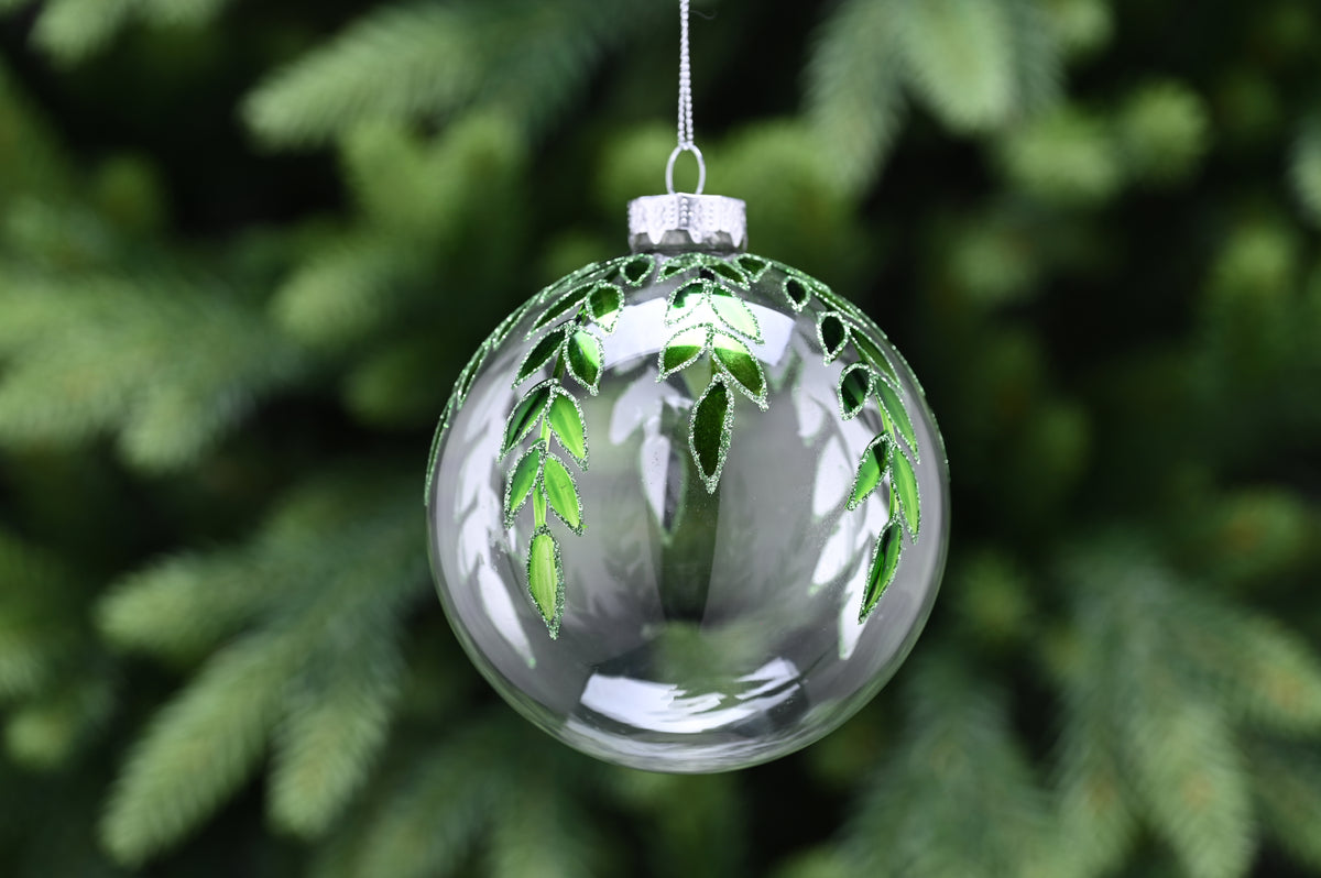 Clear Glass Green Glitter Leaves Bauble - 10cm