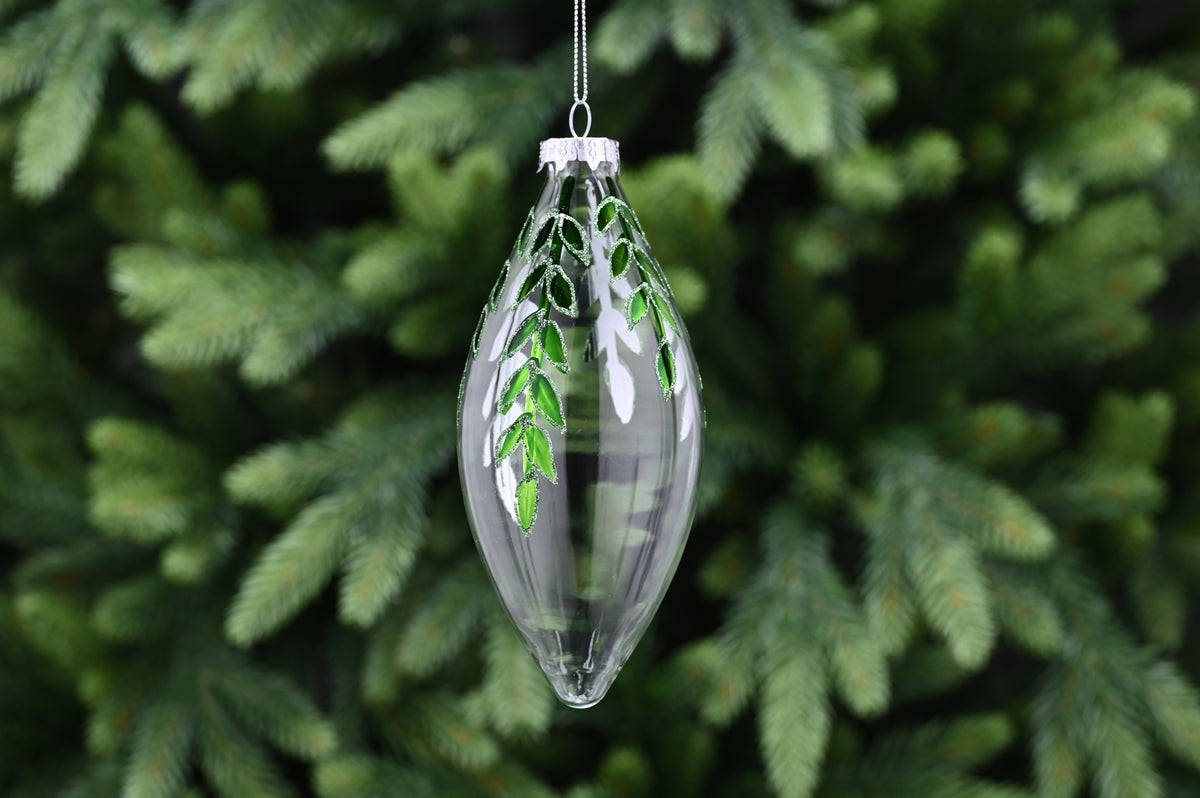 Clear Glass Green Glitter Leaves Teardrop Bauble - 16cm