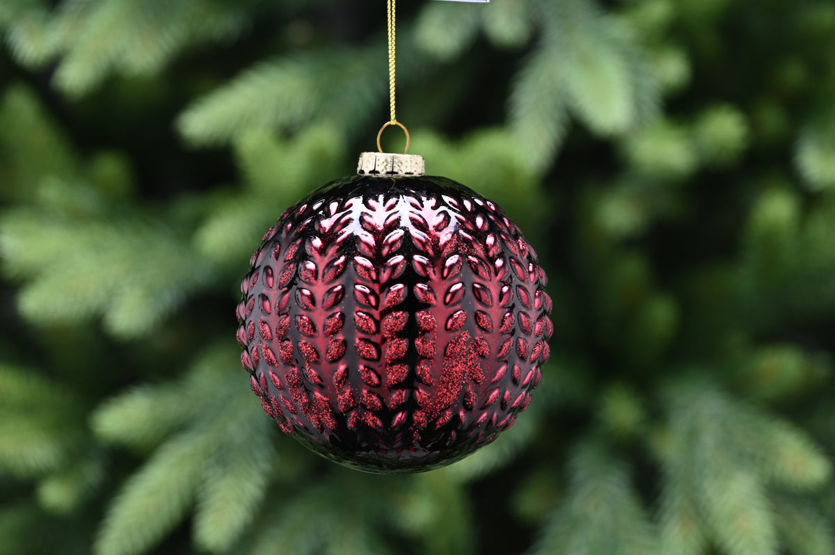 Burgundy Raised Leaf Line Glass Bauble - 10cm