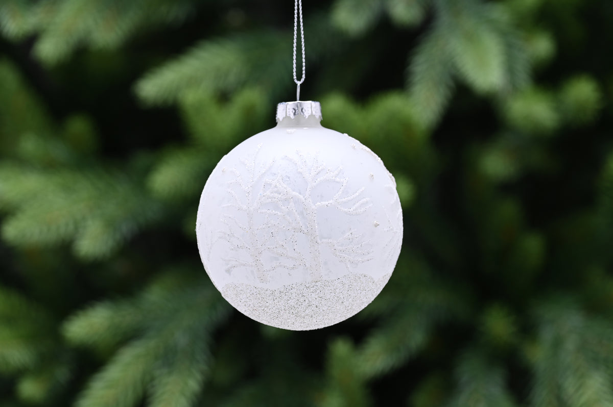 Frosted Glass Bauble with Silver Twig Lines - 8cm