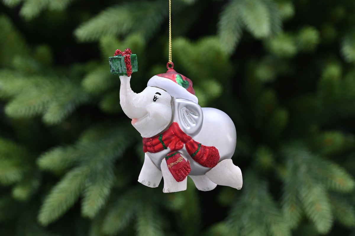 Silver Glass Elephant in Red Scarf & Hat Bauble - 11cm