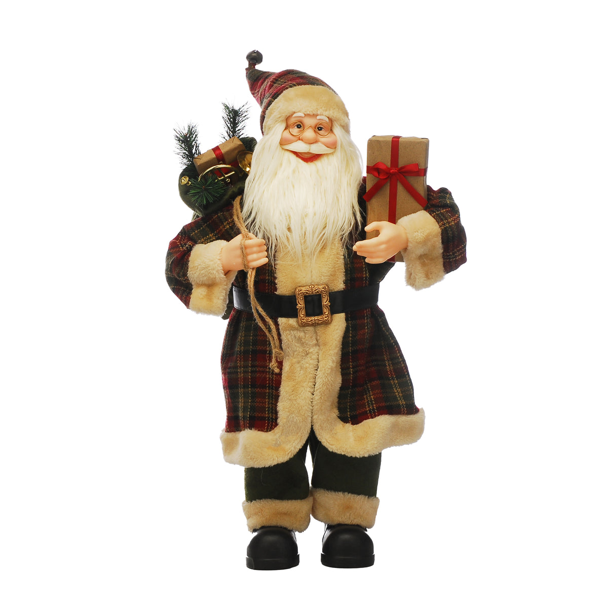 Traditional Tartan Green Plaid Standing Santa with Parcel - 45cm