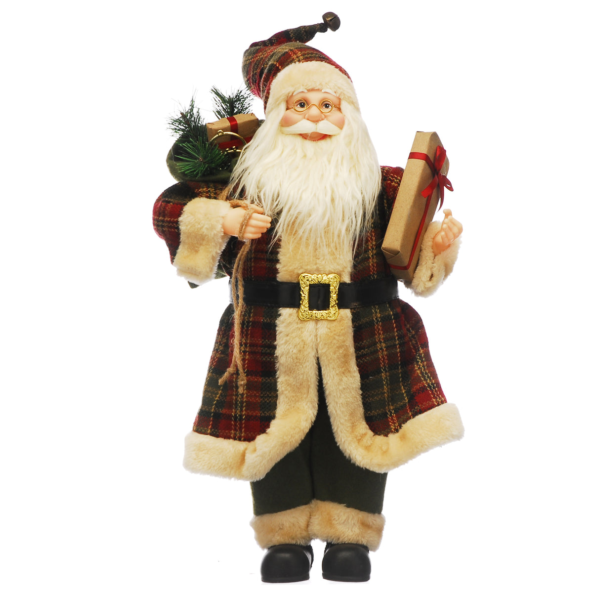 Traditional Tartan Green Plaid Standing Santa with Parcel - 45cm