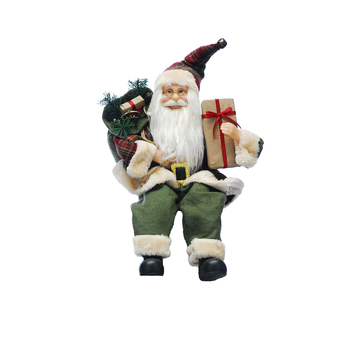 Brown & Green Plaid Sitting Santa with Parcel - 45cm