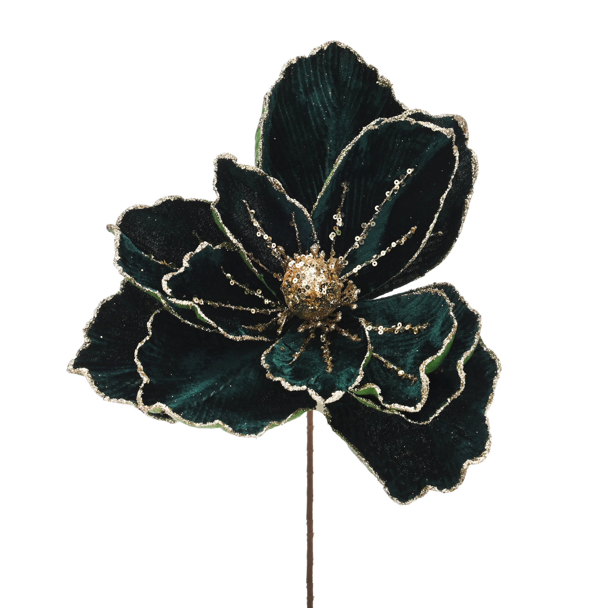 Green with Gold Glitter Magnolia Stem - 56cm