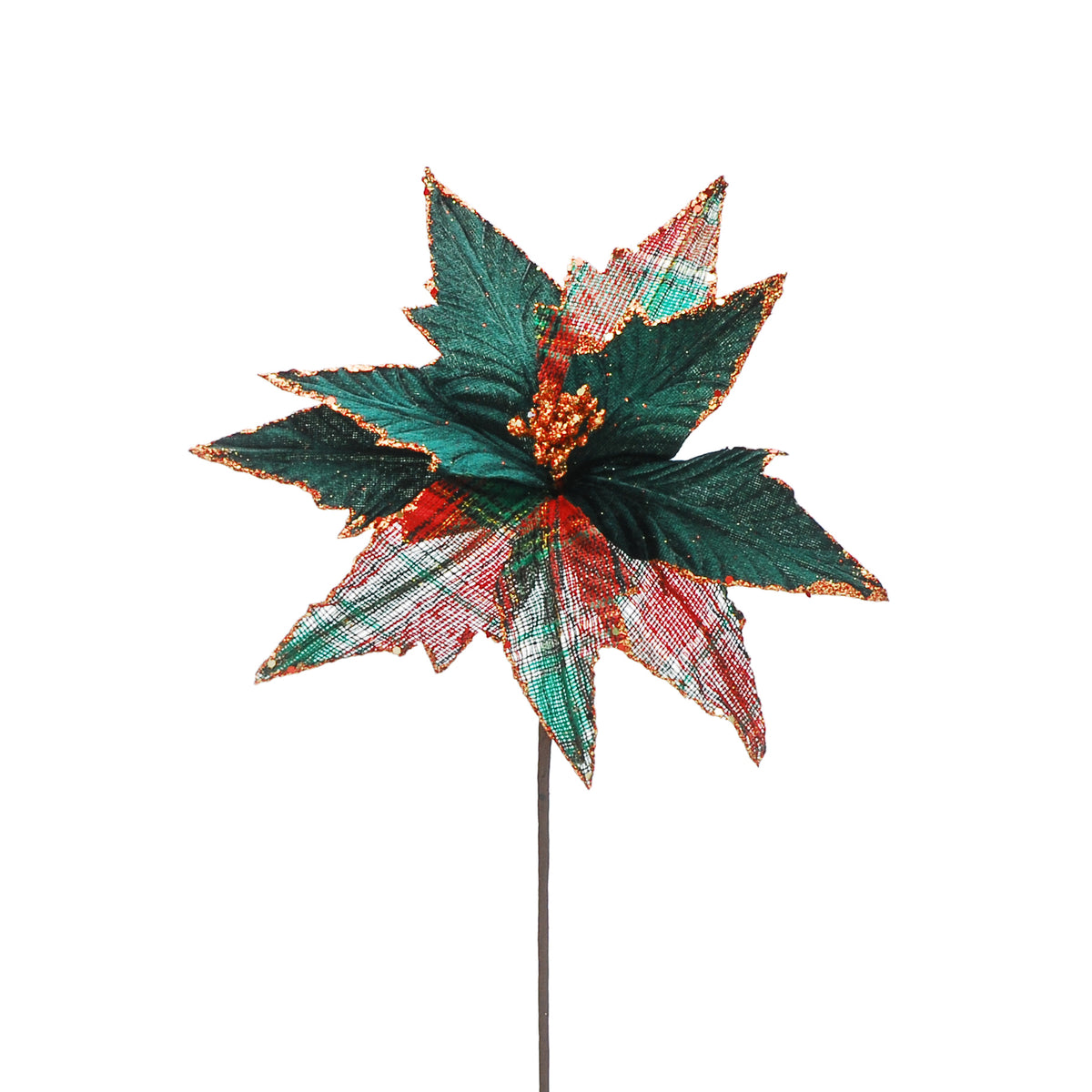 Green & Red Tartan Poinsettia Stem - 54cm