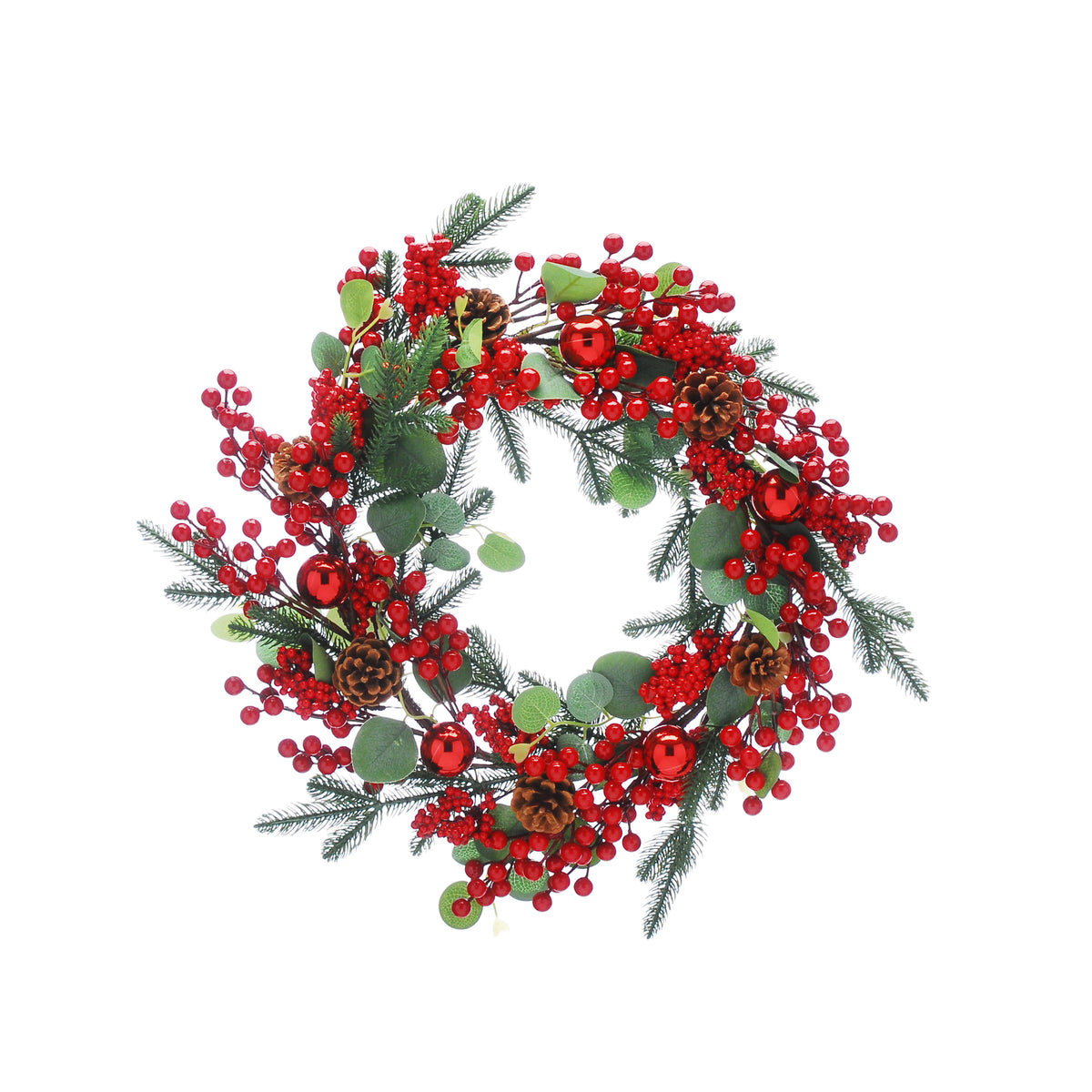 Large Decorated Eucalyptus & Red Berry Pinecone Wreath - 50cm
