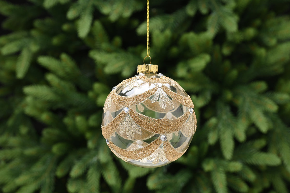 Clear with Gold Glitter Scallop Glass Bauble - 10cm