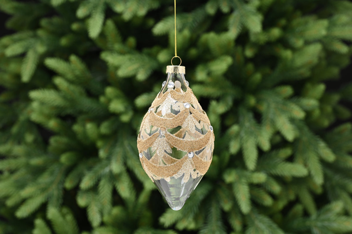 Clear with Gold Glitter Scallop Glass Drop Bauble - 15cm