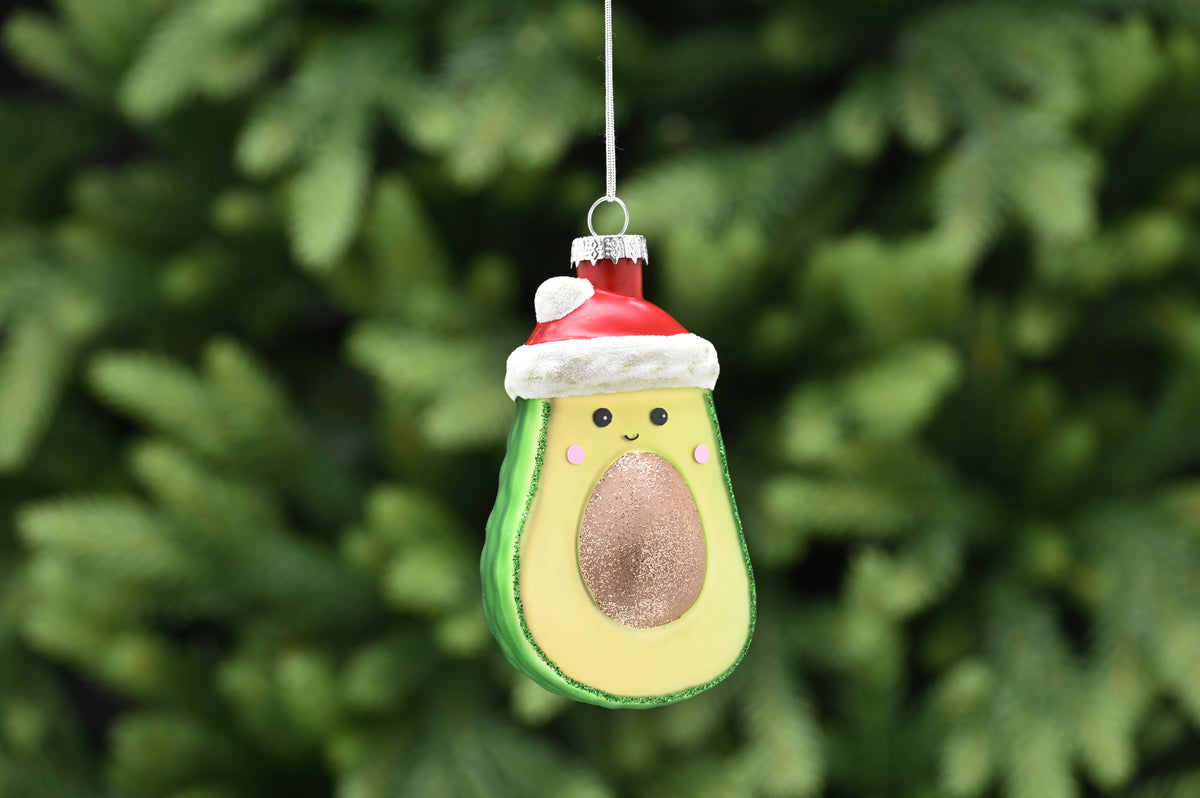 Glass Avocado with Christmas Hat Bauble - 10cm