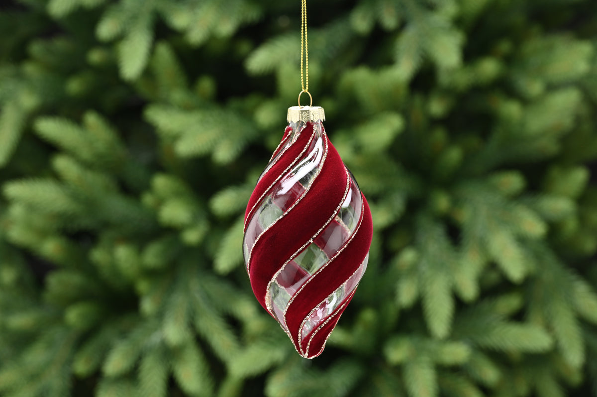 Dark Red Burgundy Clear Flock Swirl Band Droplet Glass Bauble - 13cm
