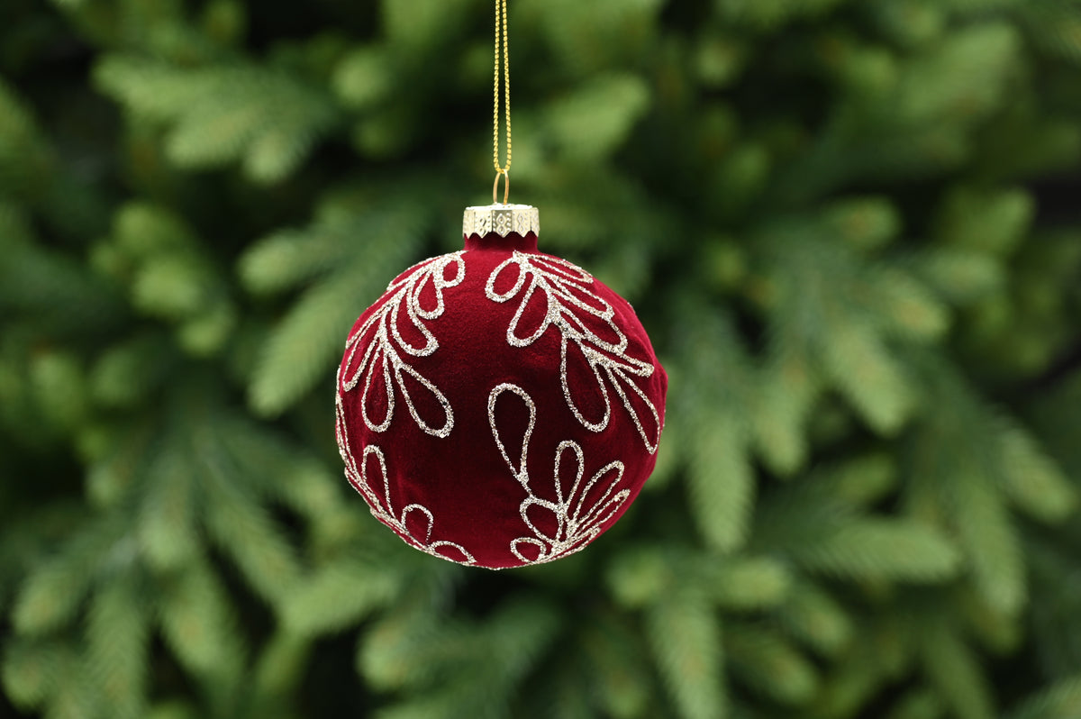 Dark Red Burgundy Flocked Gold Microbead Glass Bauble - 8cm