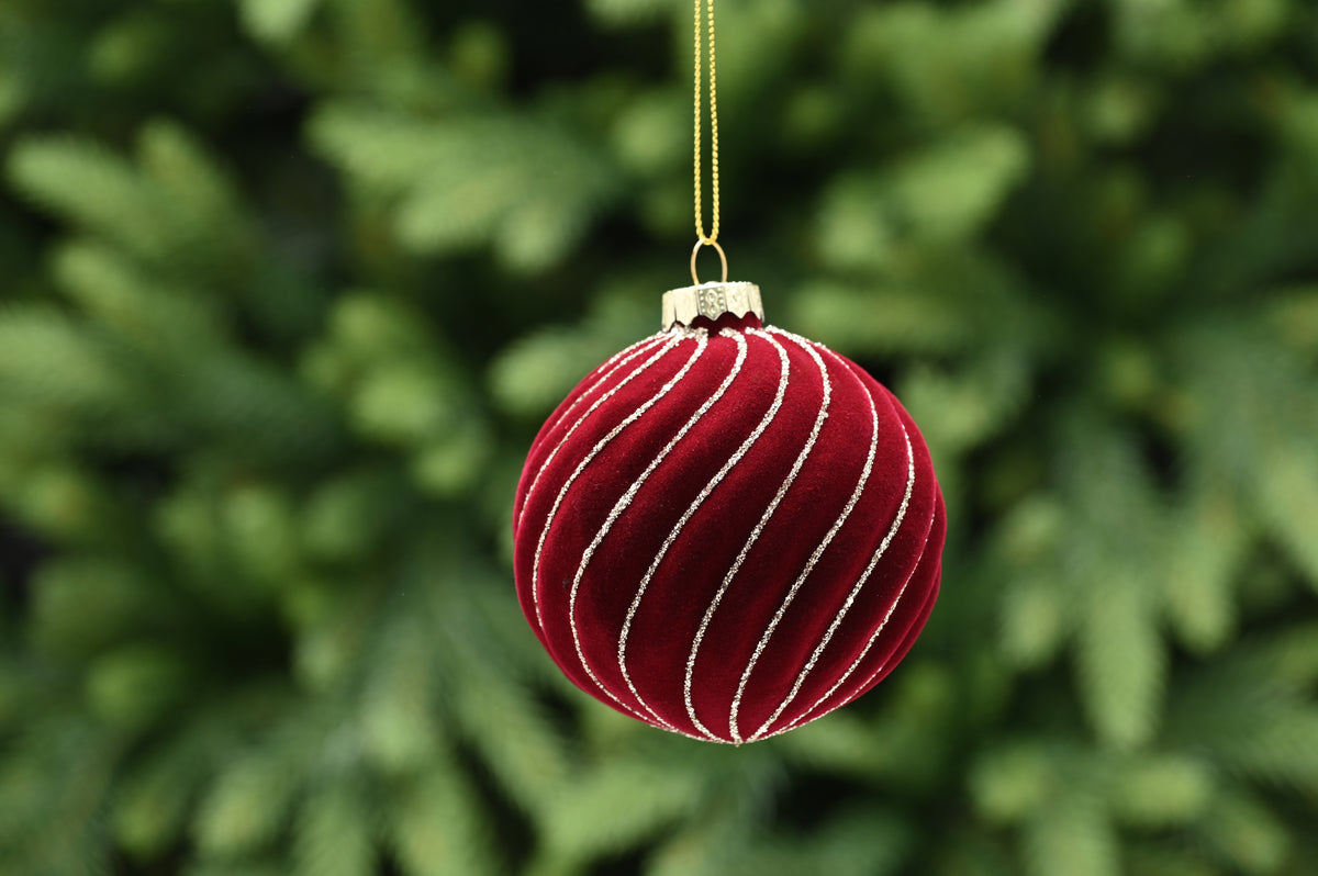 Dark Red Flocked with Gold Swirl Lines Glass Bauble - 8cm