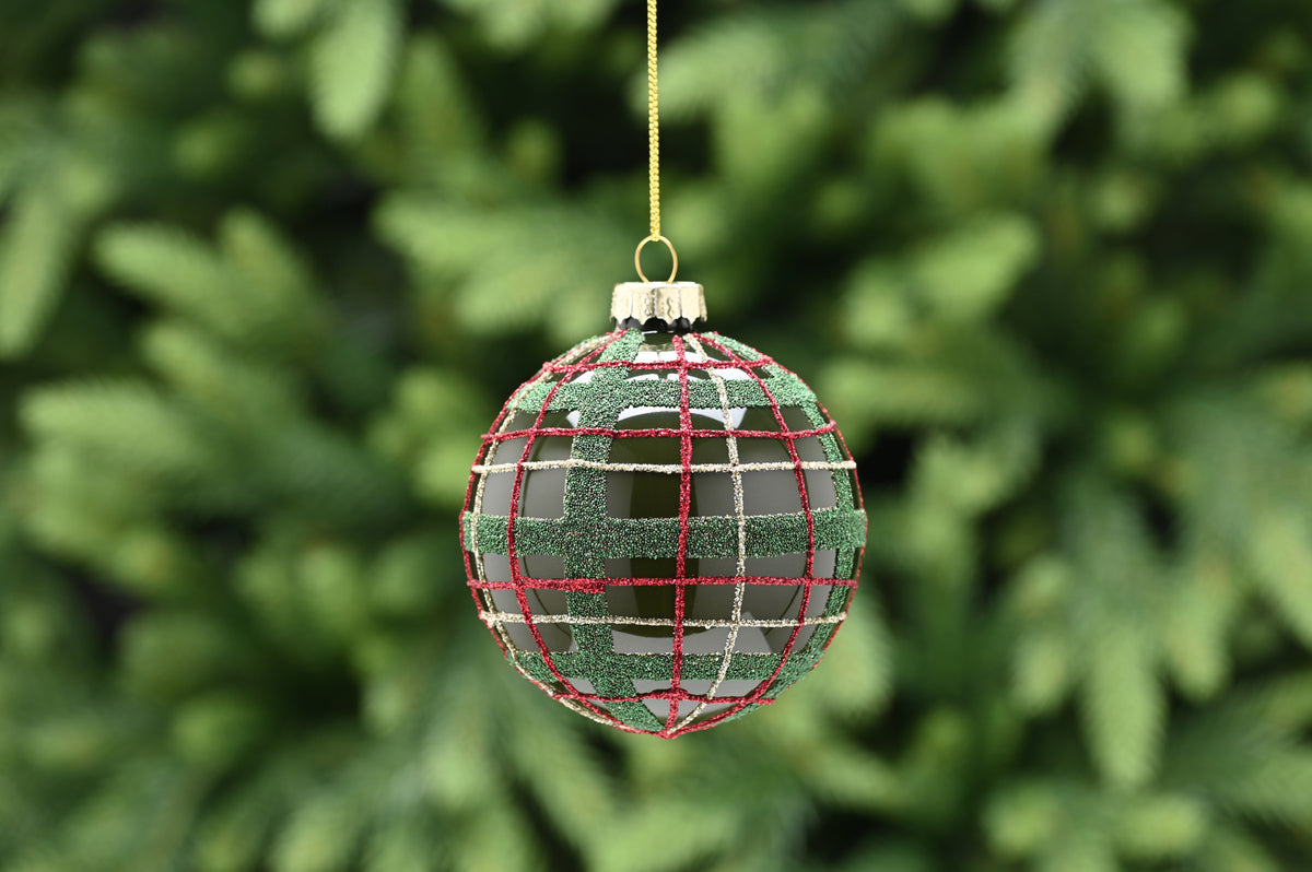 Green Tartan Glass Bauble - 10cm