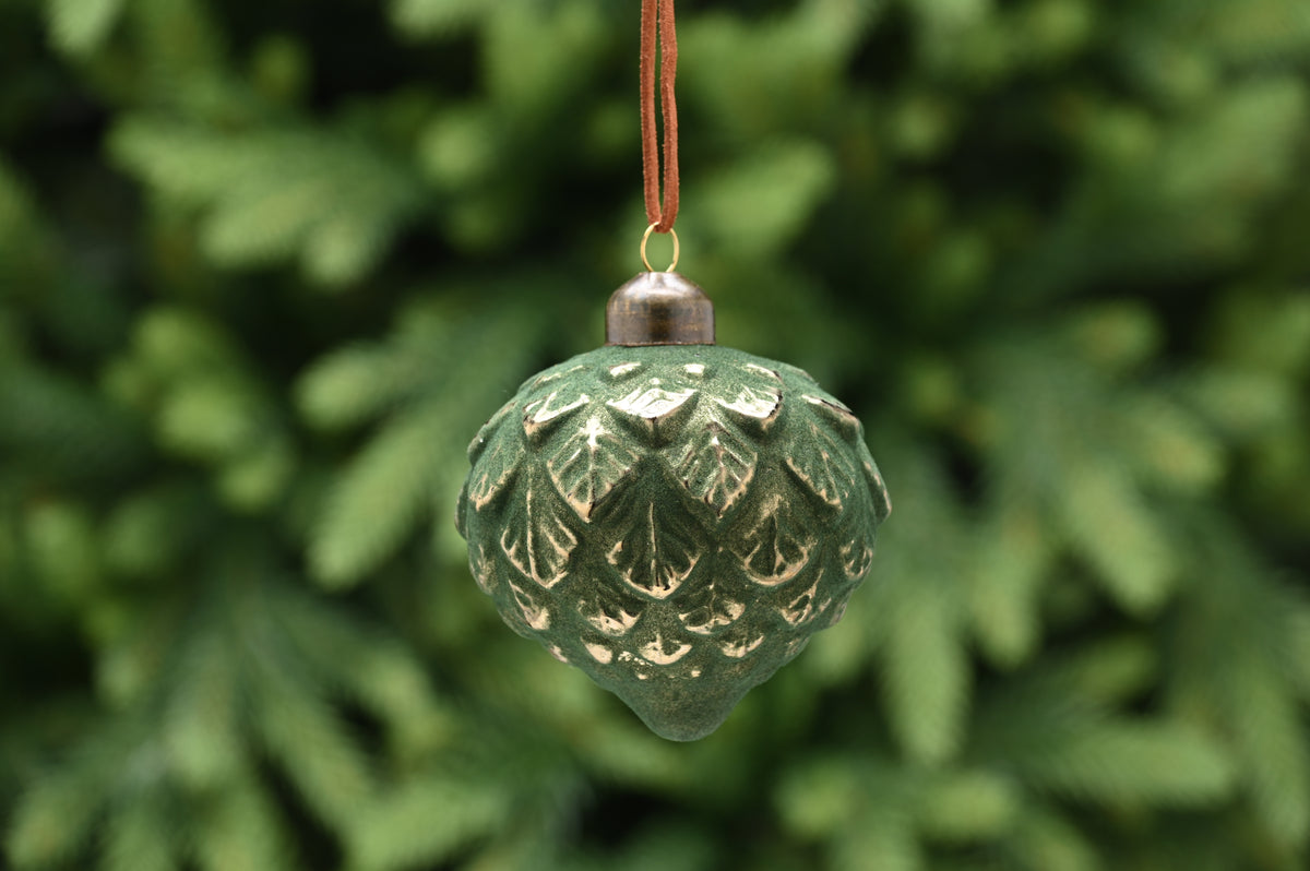 Gold & Green Flocked Pinecone Glass Onion Bauble - 8cm