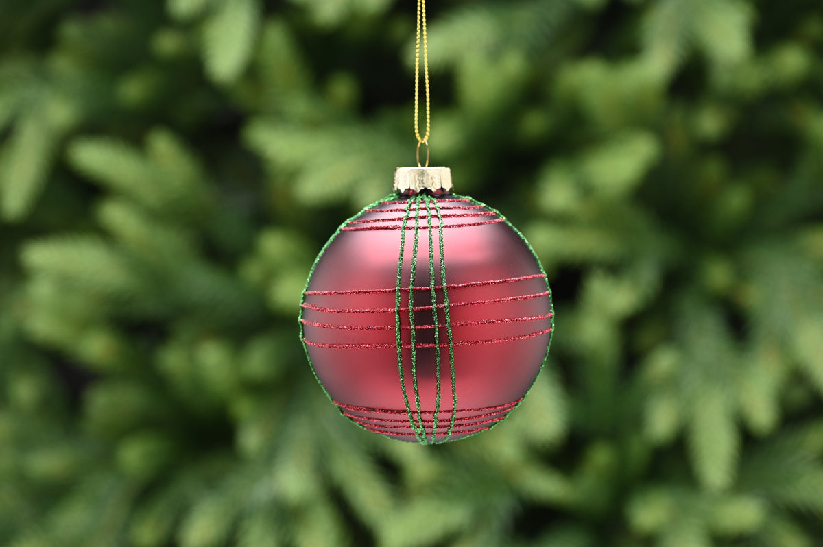 Matte Dark Red Burgundy with Green & Red Tartan Glass Bauble - 8cm