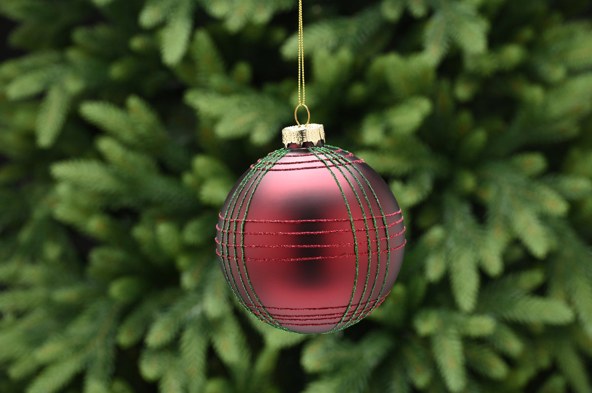 Matte Dark Red Burgundy with Green & Red Tartan Glass Bauble - 10cm