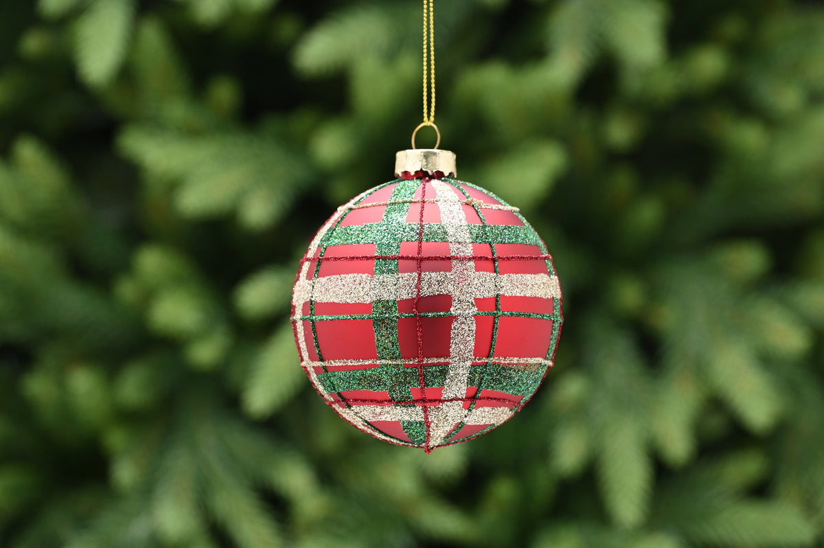 Green, Red & Gold Tartan Glass Bauble - 8cm
