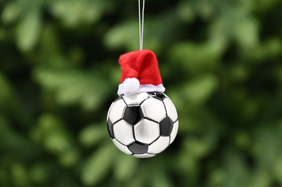 Glass Football Bauble with Santa Hat - 6cm