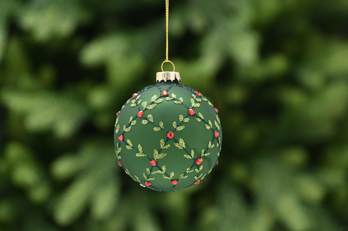 Matte Green with Red Gems & Green Glitter Leaves Glass Bauble - 8cm