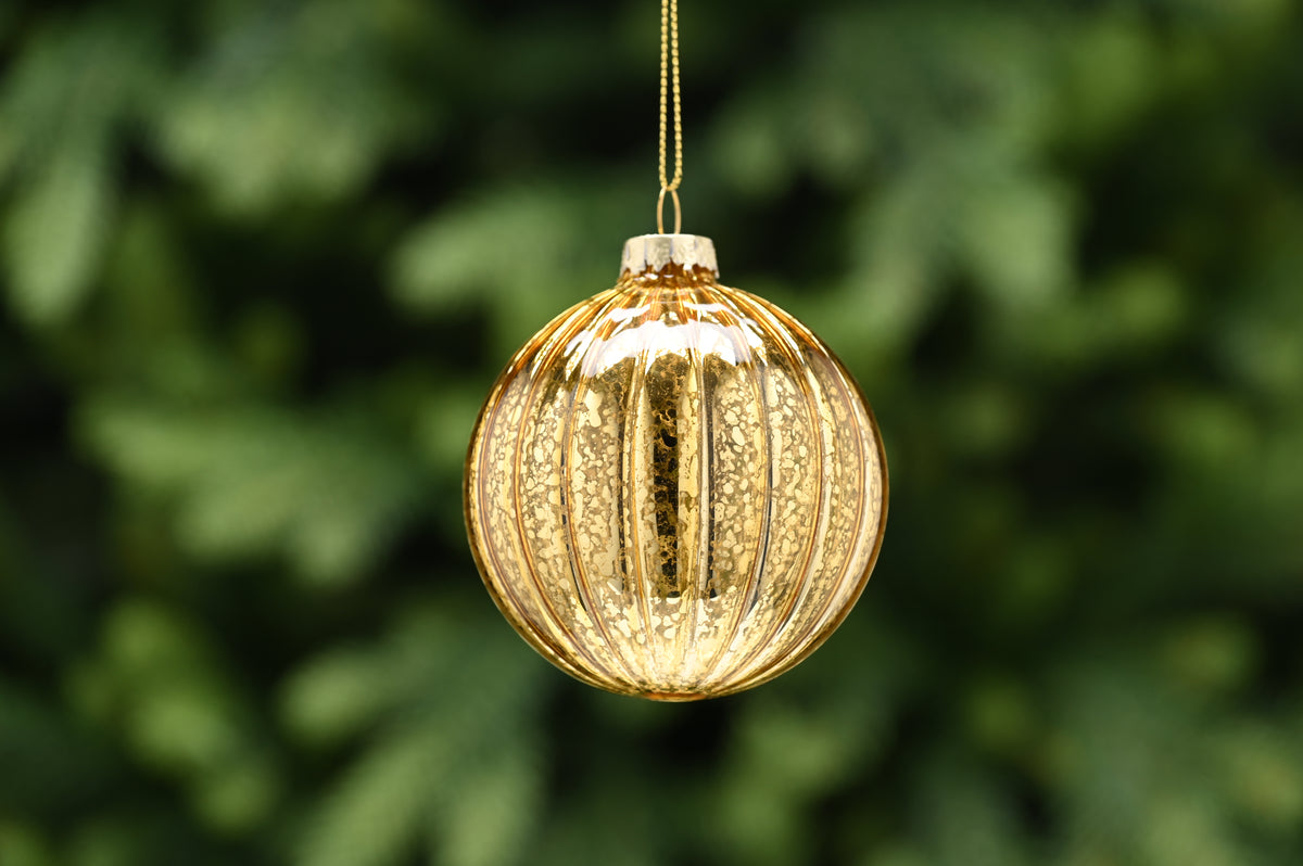 Gold Crackle Effect Ribbed Glass Bauble - 8cm