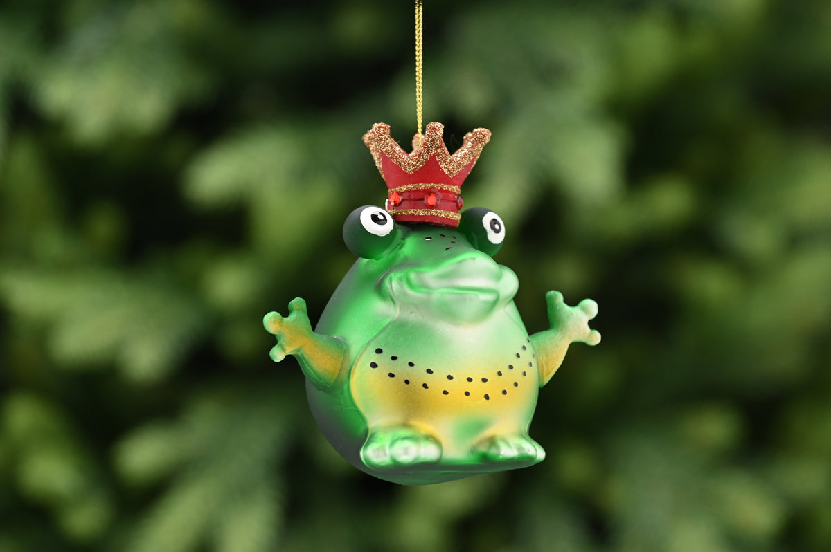 Hanging Green Glass Frog Bauble with Red Crown - 10cm