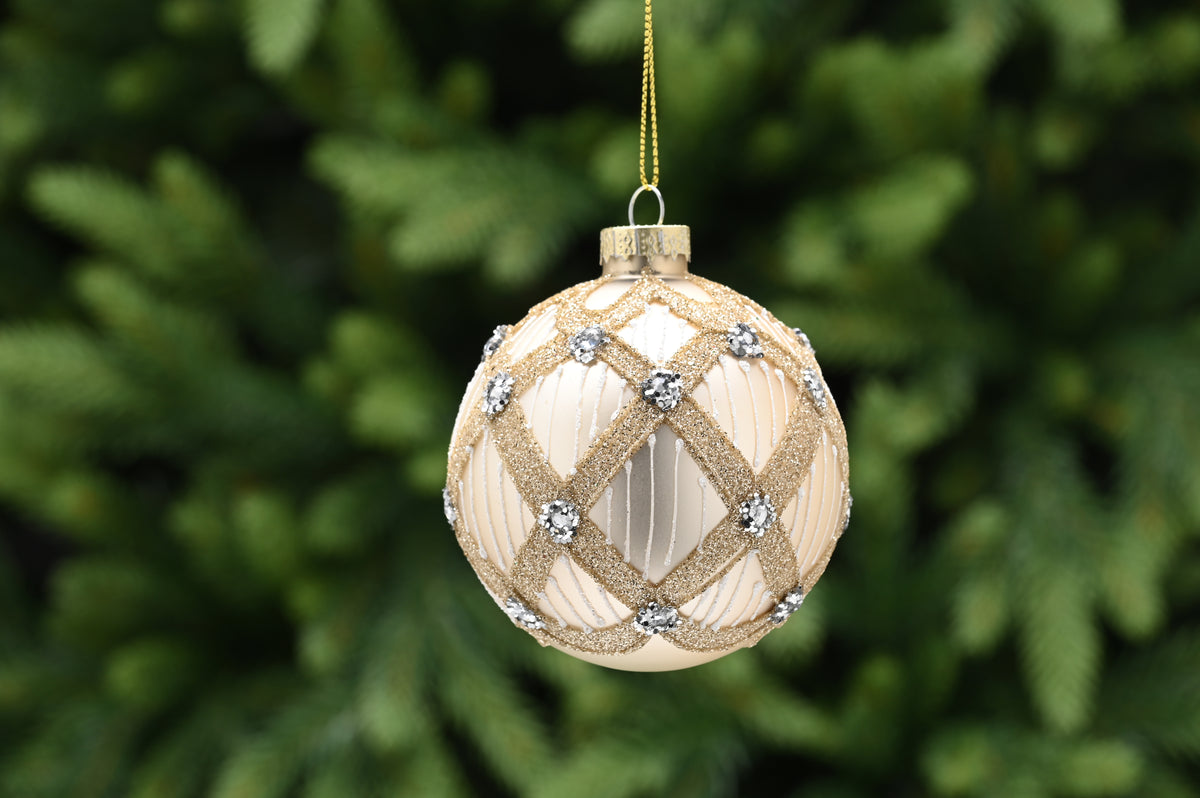 Matte Light Gold with Gold Glitter Glass Bauble - 8cm