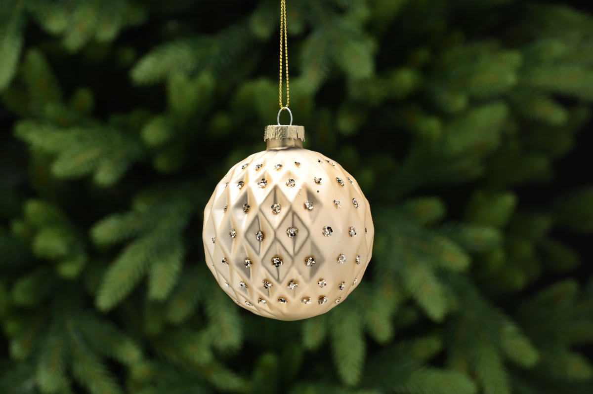 Matte Cream Glitter Diamond Cut Glass Bauble - 8cm