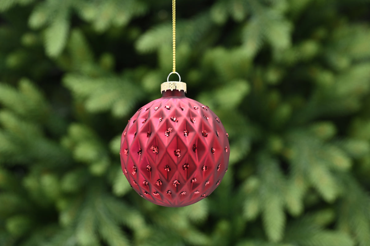 Matte Burgundy Glitter Diamond Cut Glass Bauble - 8cm