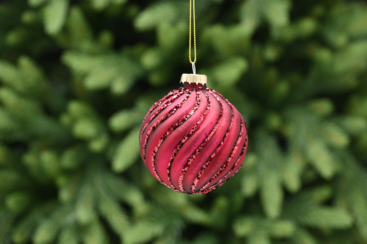 Matte Burgundy Glitter Swirl Glass Bauble - 8cm