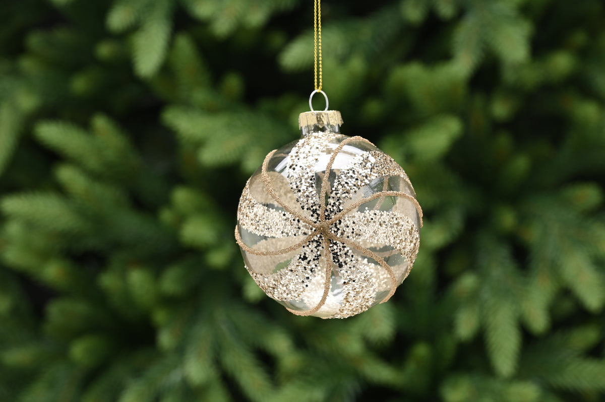 Clear Glass Bauble with Gold Glitter Swirls - 8cm