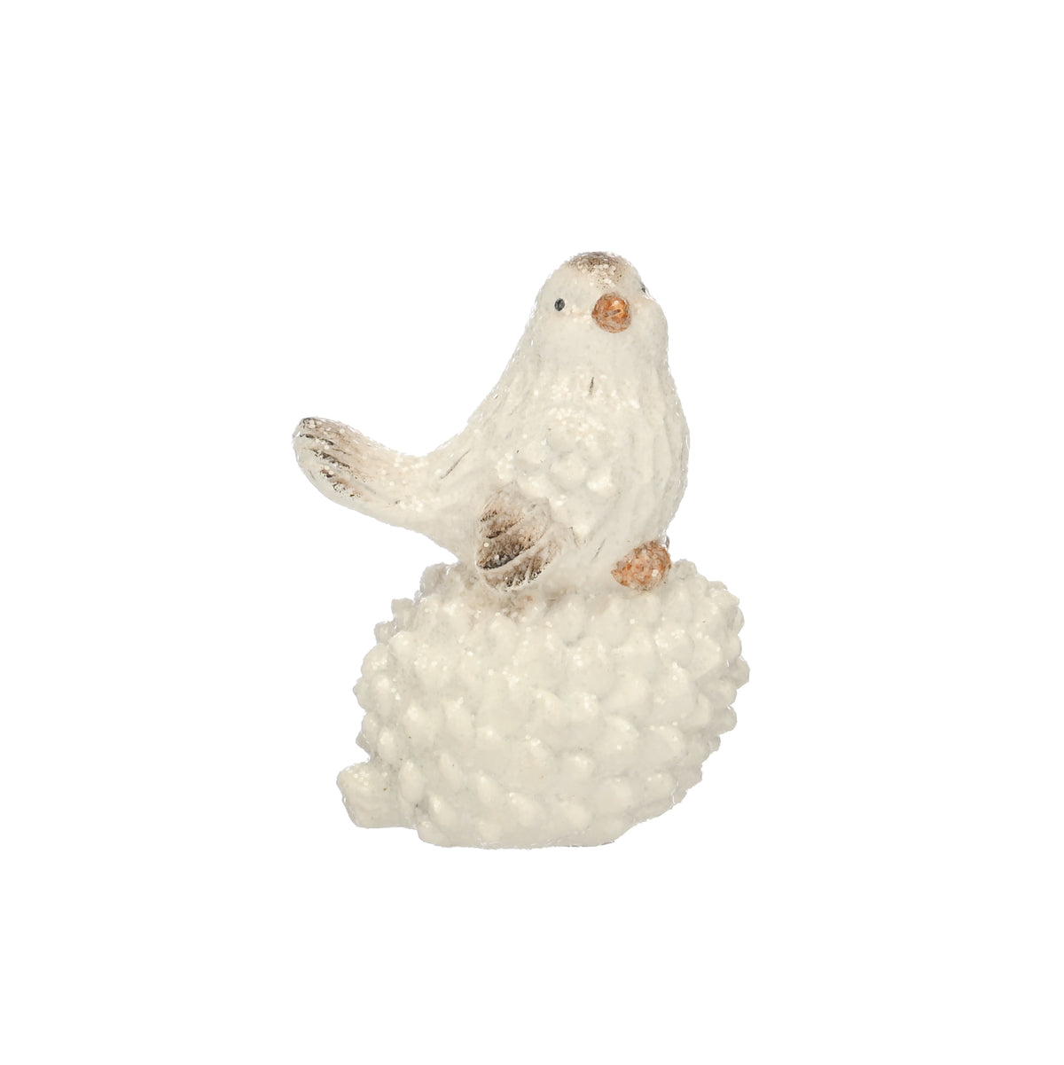 Polyresin White/Brown Bird on White Pinecone - 13cm