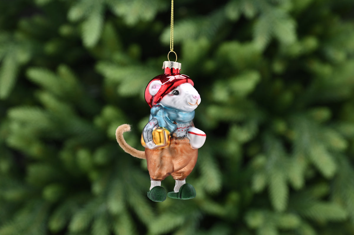 Hanging Glass Mouse Bauble in Blue Scarf - 11cm