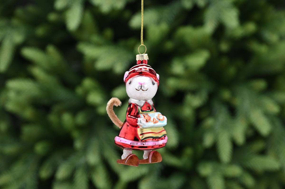 Hanging Glass Girl Mouse Bauble in Red & White Hat Bauble - 11cm