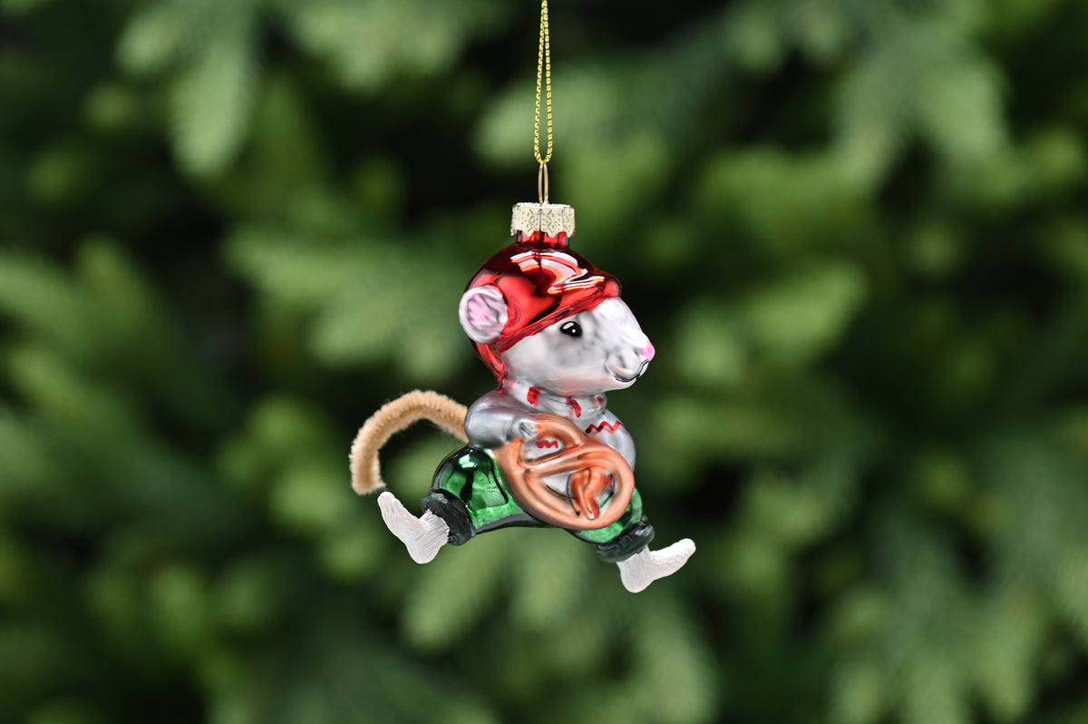 Hanging Glass Mouse Bauble with Pretzel - 8cm