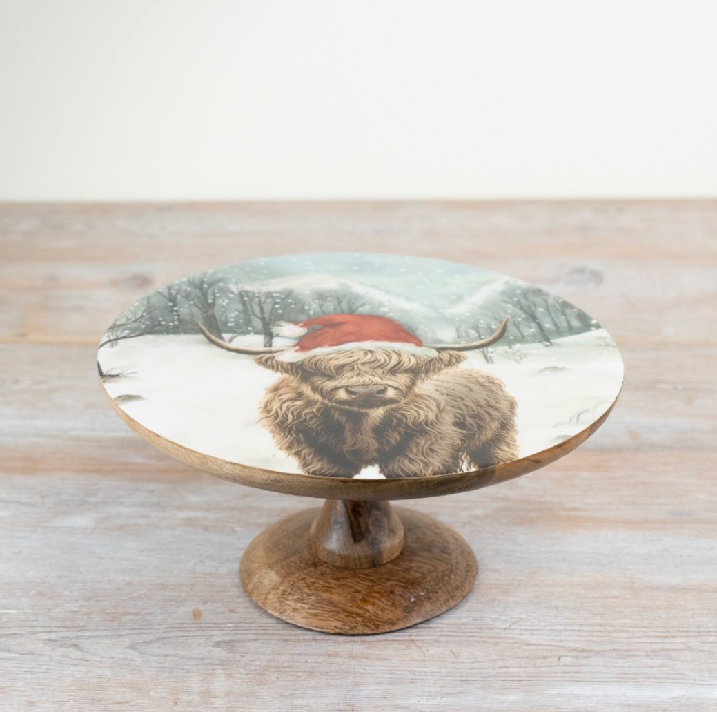 Christmas Highland Cow Wooden Cake Stand - 25cm