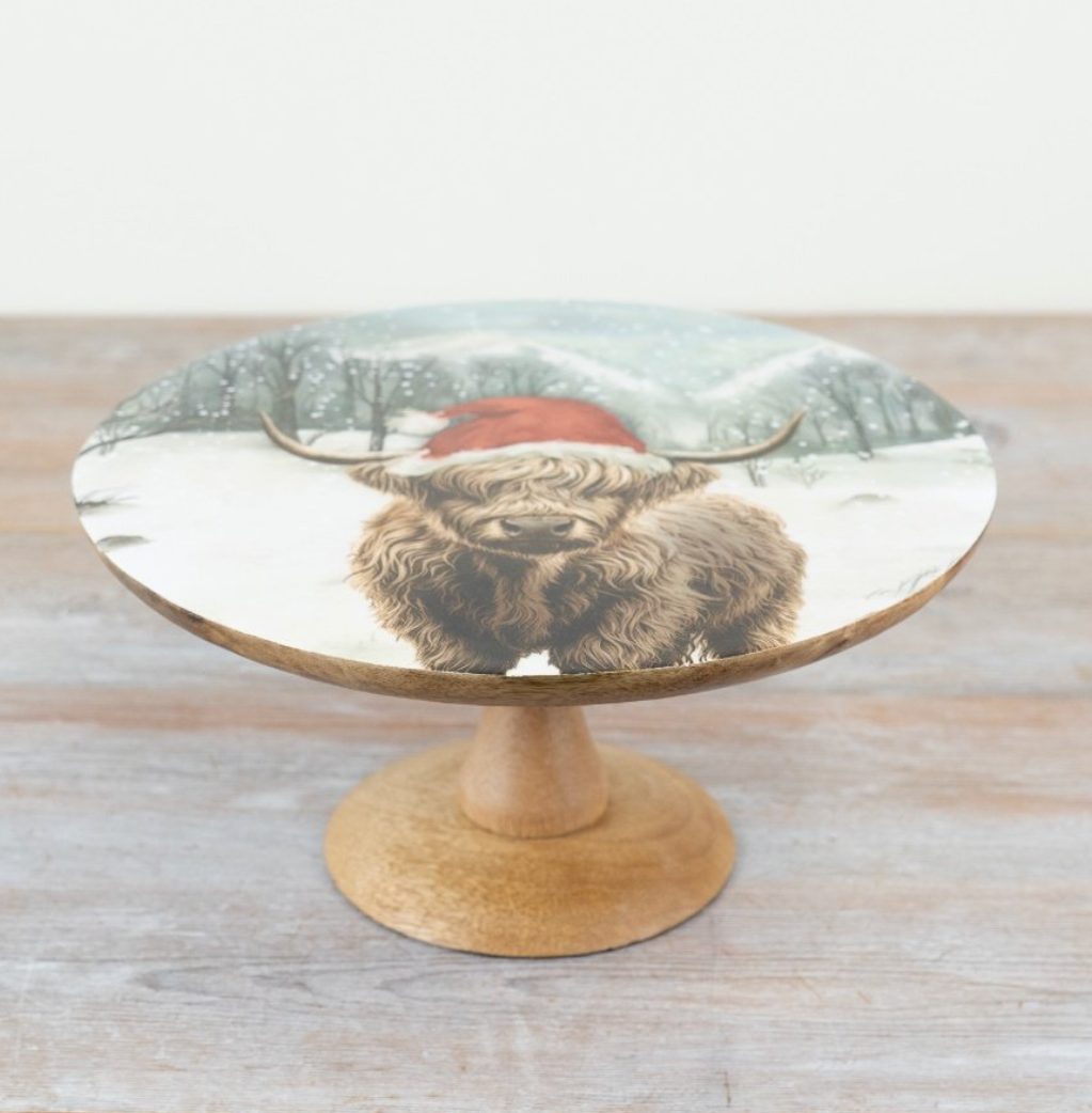 Wooden Cake Stand with Highland Cow Design - 30cm