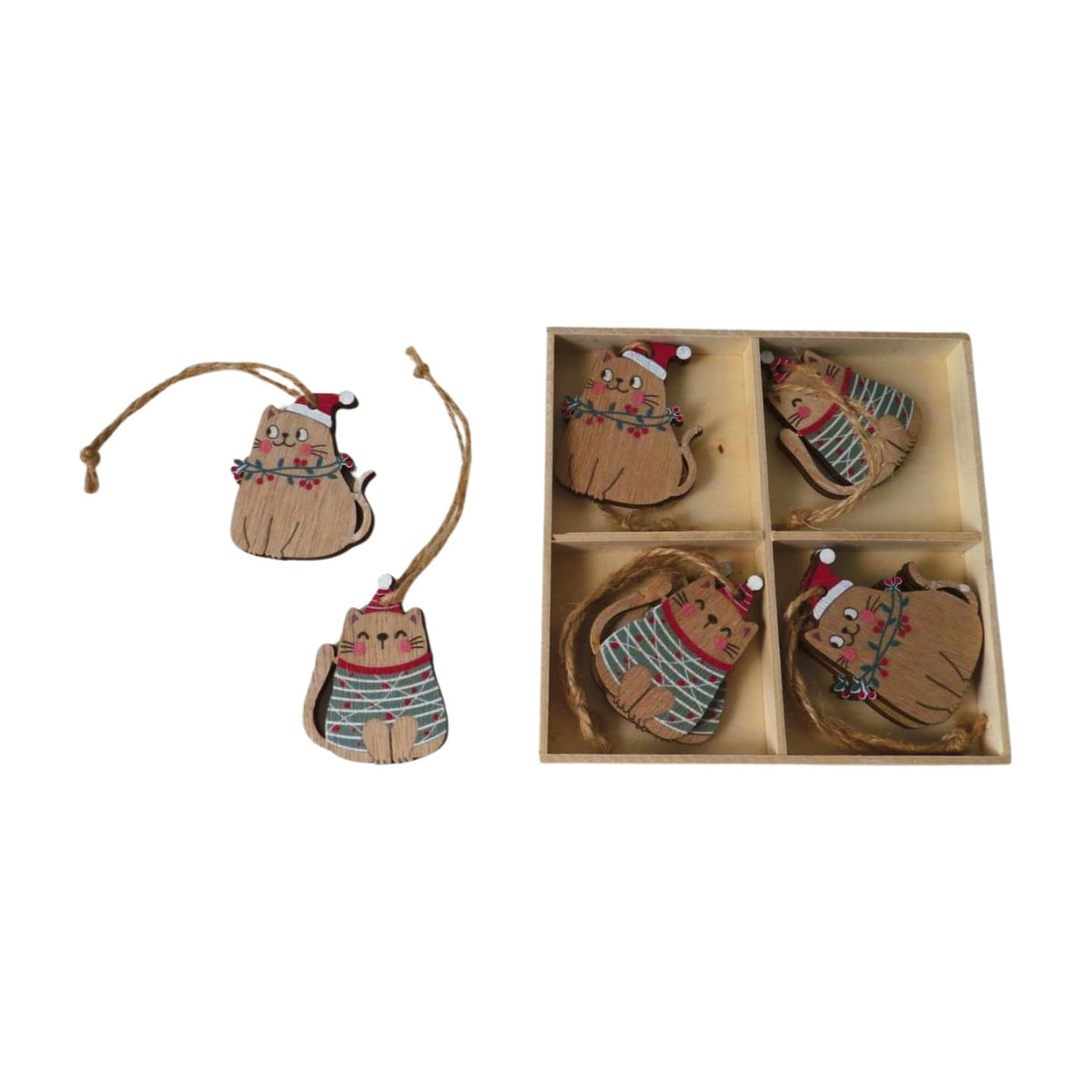 Set of 8 Wooden Cat Christmas Tree Decorations