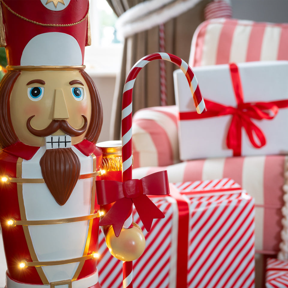 Noel the 3ft Red & White Giant Nutcracker with Candy Cane Light Up - Indoor or Outdoor Christmas Decoration