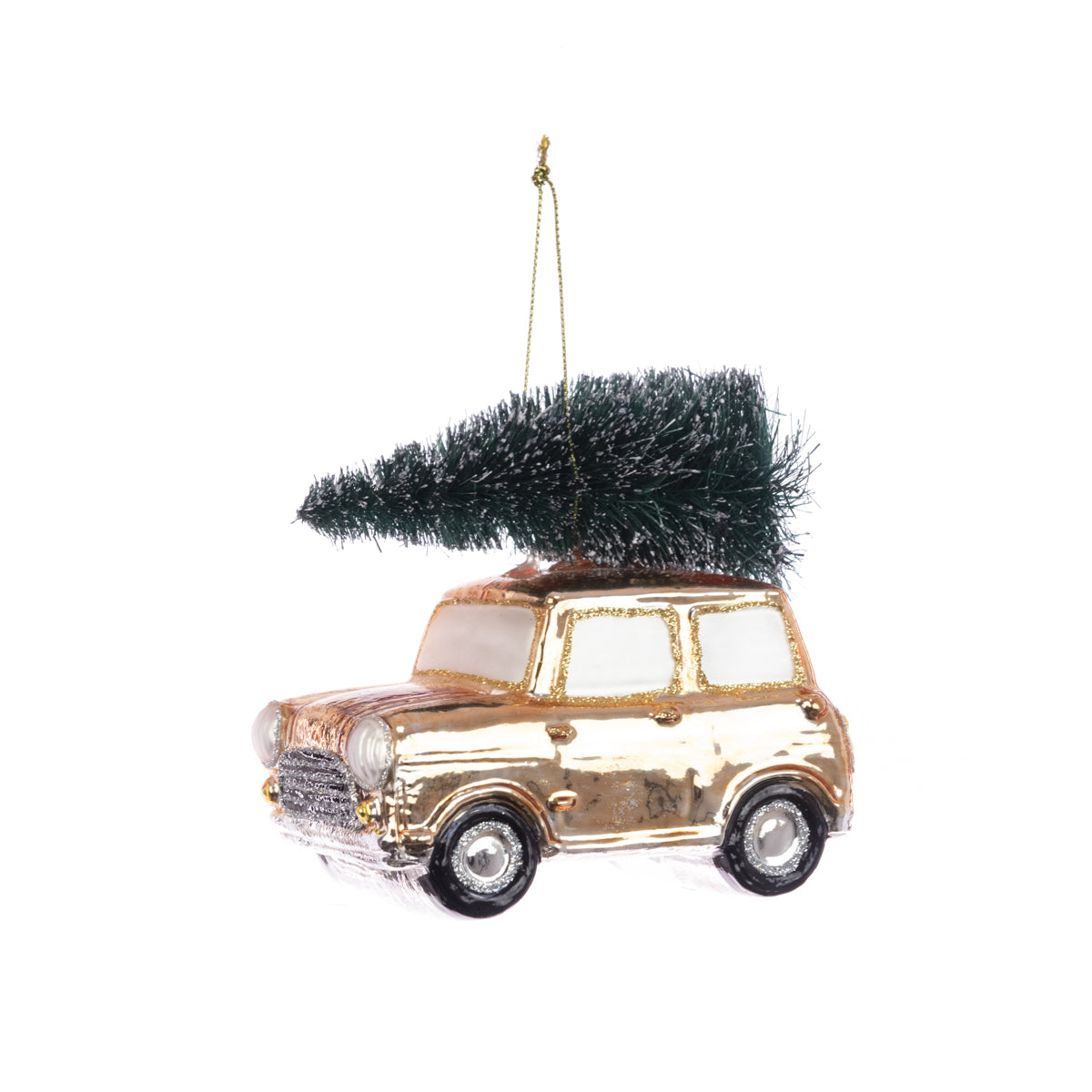 Gold Glass Christmas Mini Car With Tree Bauble - 10cm