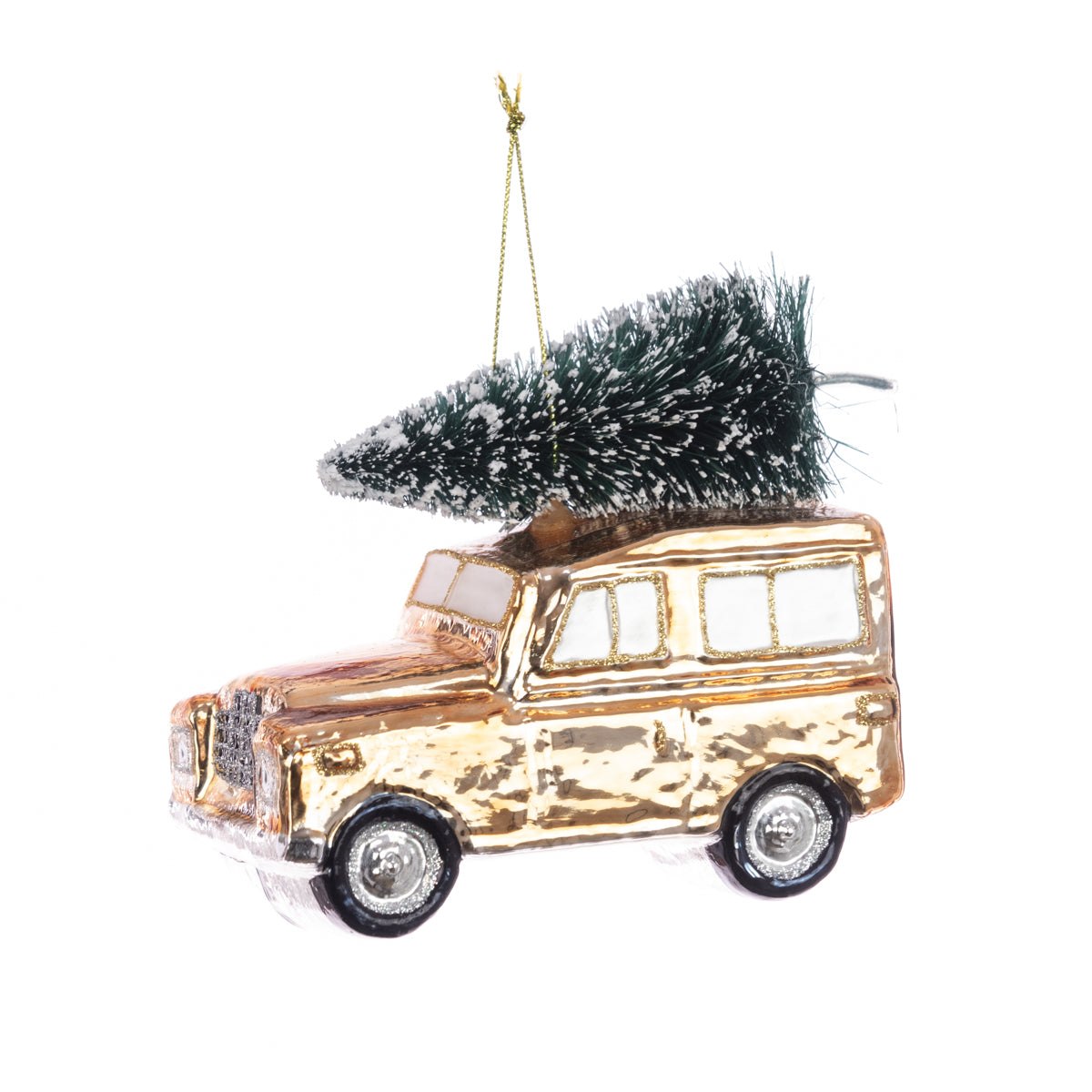 Gold Glass Christmas Land Rover With Tree Tree Bauble - 12cm
