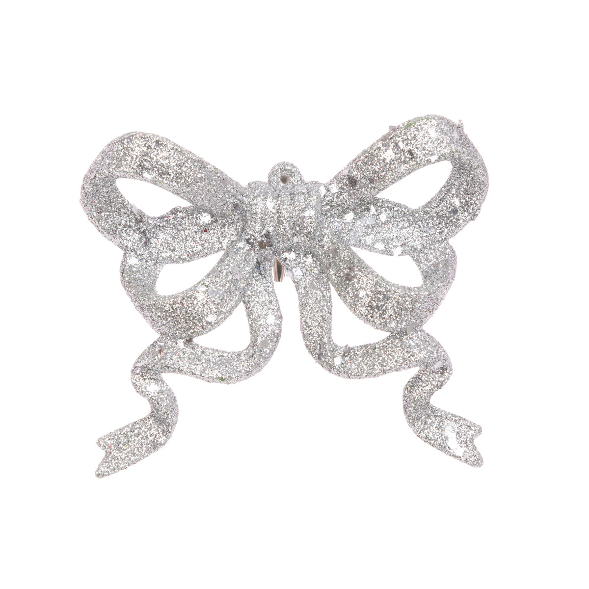 Silver Glitter Bow Clip Decoration - 11cm