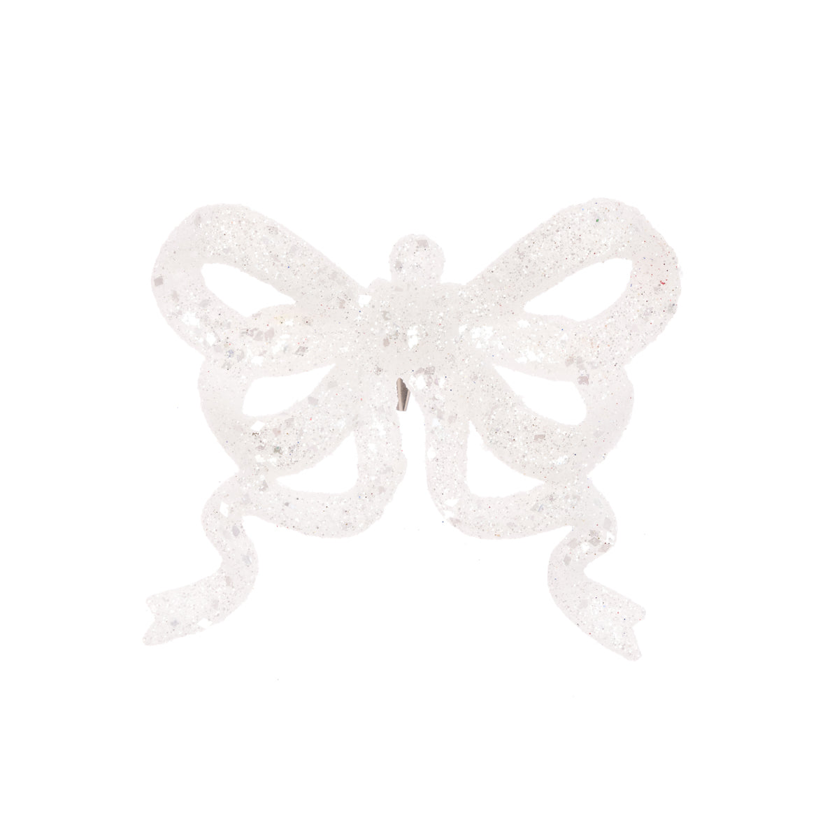Christmas White Glitter Bow Clip Decoration - 11cm