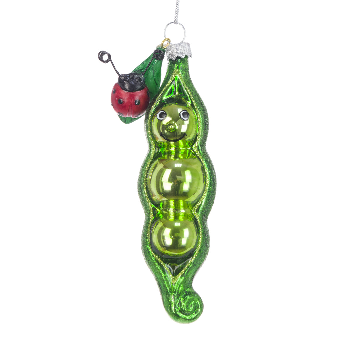 Glass Pea Pod with Ladybird Christmas Tree Bauble